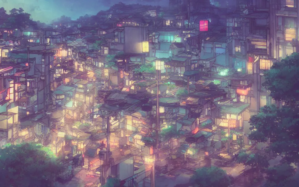 Image similar to a japanese city near the sea, lofi, dreamy, moody, very colorful, anime inspiration, makoto shinkai, ghibli vibe