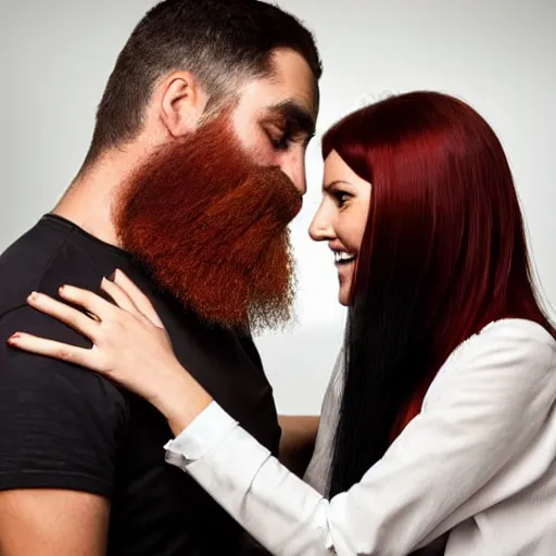 Prompt: a man with a dark well groomed beard gently slapping an attractive woman with straight red orange hair in the face with a lizard