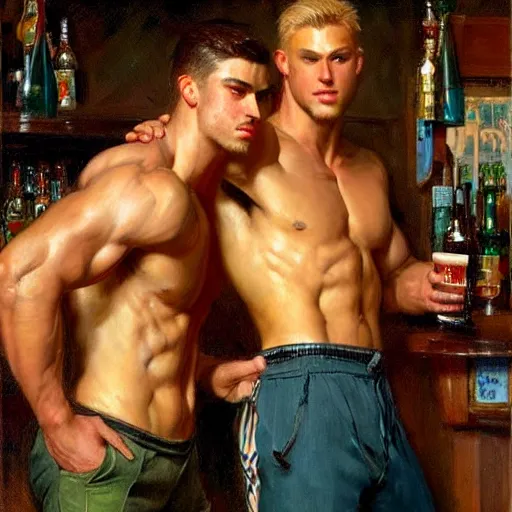 Prompt: attractive muscular male with brunet hair and attractive muscular male with blond hair. pants and shorts, drinking their hearts out, in a pub. very defined and detailed painting by gaston bussiere, j. c. leyendecker, craig mullins 8 k