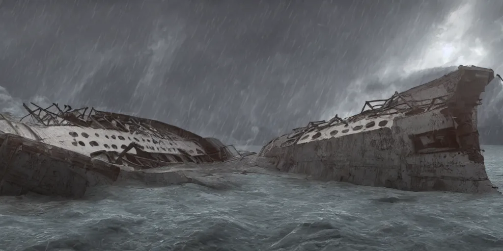 Prompt: sunken cruise ship, dark, thunderstorm unreal engine Hight detailed An epic fantastic realism dinamic lighting