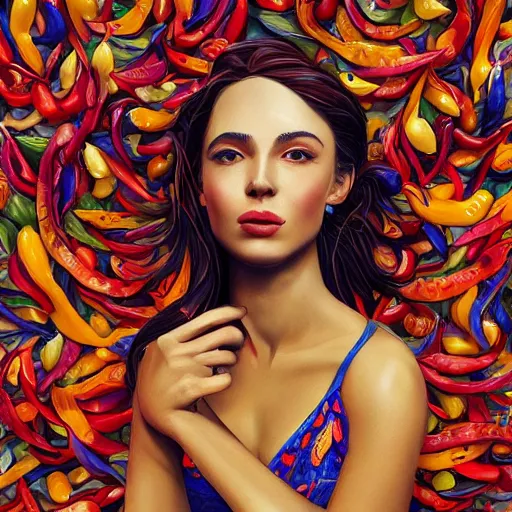 Image similar to the portrait of a beautiful and elegant young hispanic woman made up of peppers, an ultrafine detailed illustration by james jean, intricate linework, bright colors, final fantasy, behance contest winner, vanitas, angular, altermodern, unreal engine 5 highly rendered, global illumination, radiant light, detailed and intricate environment