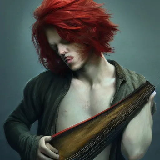 Prompt: red hair boy playing a lute in an inm, dramatic, intricate, elegant, highly detailed, digital painting, artstation, concept art, smooth, sharp focus, illustration, octane render, art by Leesha Hannigan, Ross Tran, Thierry Doizon, Kai Carpenter, Ignacio Fernández Ríos