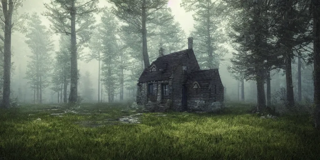 Image similar to solitary cottage in the woods and empty woods, 8k, fantasy, hyper realistic, atmospheric lighting