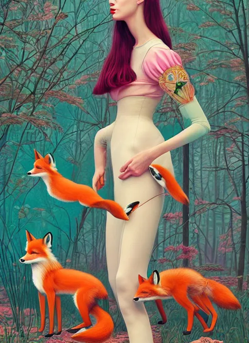 Image similar to pretty model with foxes : : by martine johanna and simon stalenhag and chie yoshii and casey weldon and wlop : : ornate, dynamic, particulate, rich colors, intricate, elegant, highly detailed, vogue, harper's bazaar art, fashion magazine, smooth, sharp focus, 8 k, octane render,