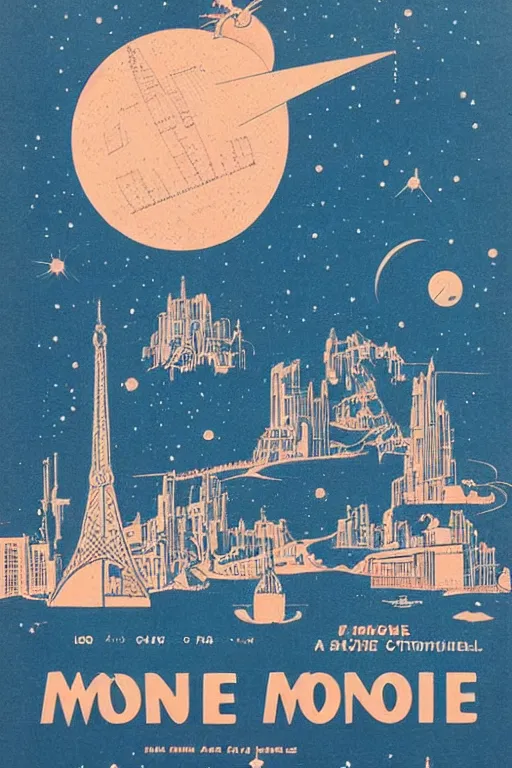 Image similar to vintage french travel poster for a futuristic city on the moon, risograph