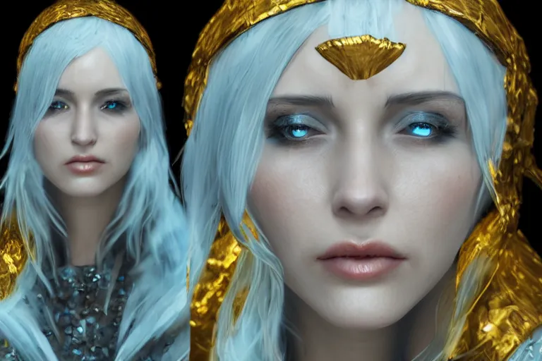 Image similar to Malevolent Ice Queen with gold leaf in the style of Artstation, Unreal Engine, photorealistic, highly detailed
