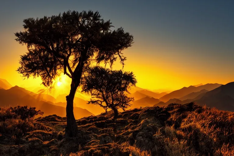 Image similar to A beautiful landscape photography of Ciucas mountains mountains, a dead intricate tree in the foreground, sunset, dramatic lighting by Anselm Adams and Albrecht Durer,