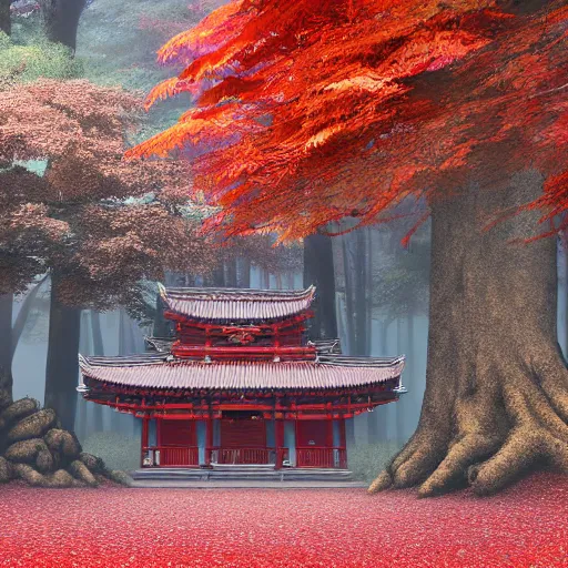 Image similar to cozy tang dynasty shrine in a maple forest during autum, red leaves, award winning fantasy concept art, high octane render, 8k resolution, high definition