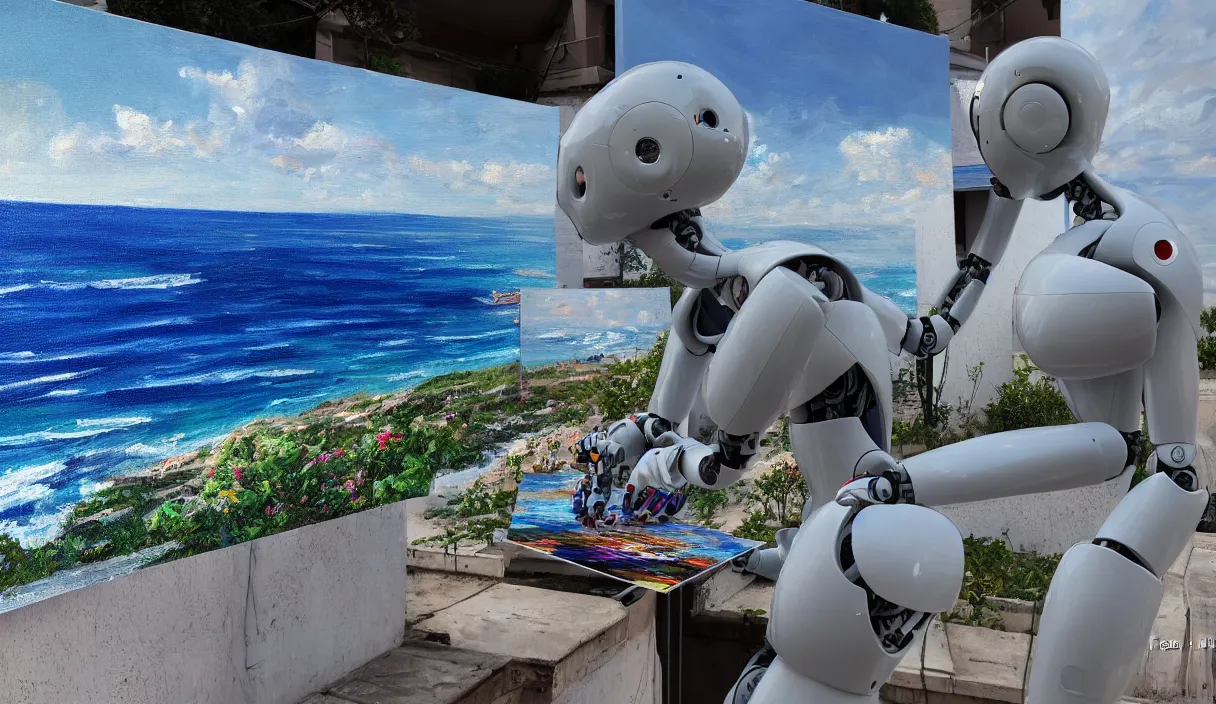 Image similar to an high resolution photo of a robot paiting a picture on a terrace over the sea, hyper detailed, photography, realistic, art, 8 k, unreal engine, cinematic, shallow focus, f 2. 8 3 5 mm, kodak film, 3 5 mm film