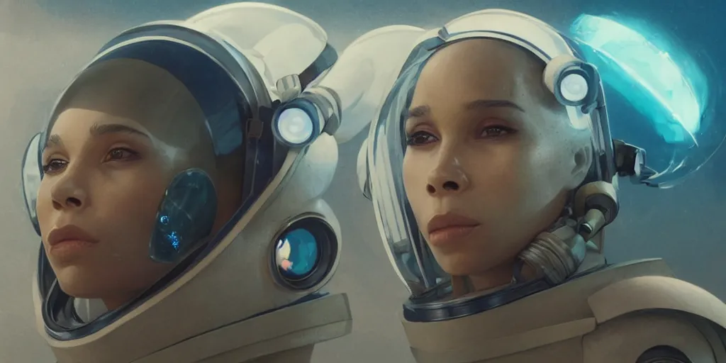 Prompt: Zoe Kravitz with short hair as a retrofuturistic astronaut, helmet with led lights, underwater in the ocean at night, clear water, volumetric lighting, glowing lights, 4k, octane, digital painting, artstation, concept art, cinematic film, sharp focus, illustration, art by artgerm and greg rutkowski and alphonse mucha , wide angle view,