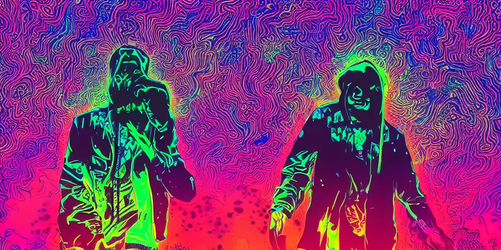 Prompt: rapping into microphone silhouetted against psychedelic lightning, silhouettes, huge crowd, digital art, vapor wave, hip hop, graffiti, trending on Artstation, professional artist, detailed, 4k