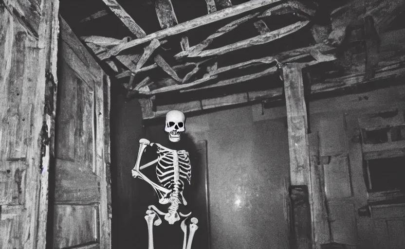 Prompt: a skeleton in a basement
