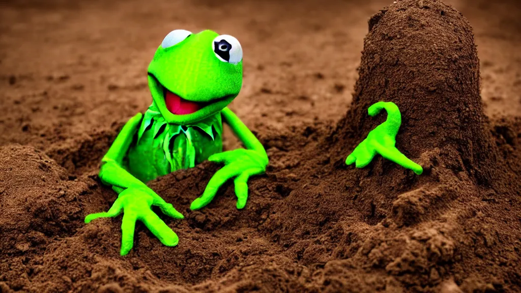 Image similar to A highly photographic render of Kermit the frog digging a grave, rim lighting, cinematic lighting, octane engine, photo realistic image, 4K, super detailed, cinematic look