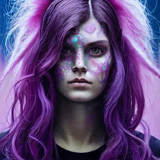 Image similar to detailed art portrait of a furious teen girl with thin, hair-like purple tentacles on her head and bright purple eyes, 8k,by tristan eaton, Stanley Artgermm,Tom Bagshaw,Greg Rutkowski,Carne Griffiths,trending on DeviantArt, face enhance,hyper detailed ,full of colour,