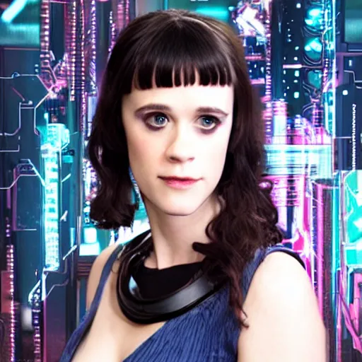 Image similar to studio photo of cyberpunk cyborg zooey deschanel