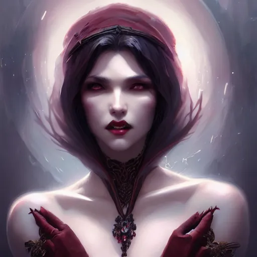 Image similar to desirable Vampire woman, fantasy, intricate, elegant, highly detailed, digital painting, artstation, concept art, matte, sharp focus, illustration, art by artgerm and Greg Rutkowski, dreadjim, zeen chin