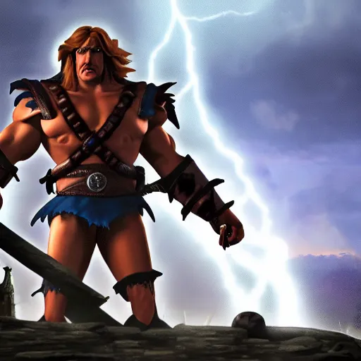 Prompt: simon belmont, with castle dracula in the distance, and subject in the foreground, eerie lightning, 8 k
