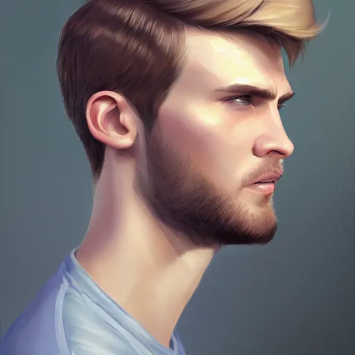 Image similar to tall chunky man in his twenties with brown blond short regular haircut and round facial structure with cleft chin, straight eyebrows, big grey blue eyes, happy, slightly set back jaw, cheekbones, straight nose, wider face, slight shadow of beard, atmospheric lighting, painted, intricate, 4 k, highly detailed by charlie bowater