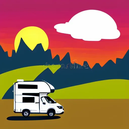 Image similar to stylized vector art featuring a white and black cute thor chateau! motorhome camper!!, highway, mountains and sunset!!, very happy, professional colorful minimal vector art