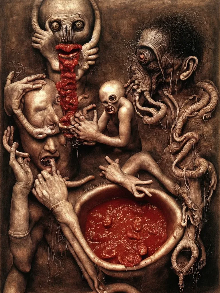 Prompt: a boy like eraserhead and elephant man sitting in a tub full of tomato sauce, looking straight into camera, screaming in desperation, a forgotten ritual, by giuseppe arcimboldo and ambrosius benson, renaissance, fruit, intricate and intense oil paint, a touch of beksinski and hr giger and edward munch, realistic