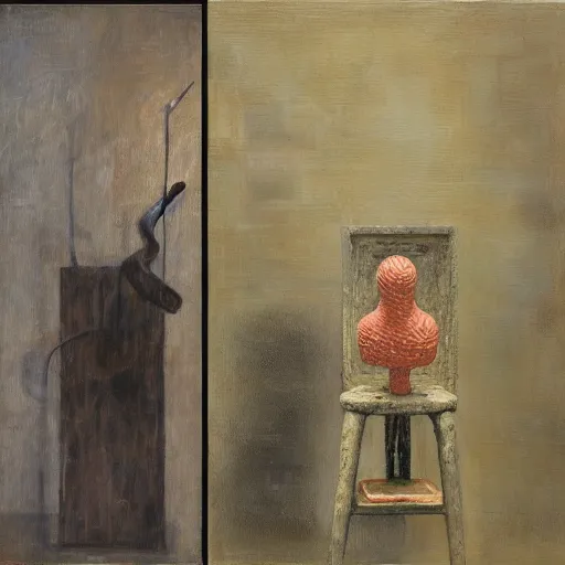 Image similar to a detailed, impasto painting by shaun tan and louise bourgeois of a conceptual forgotten sculpture by ivan seal and the caretaker