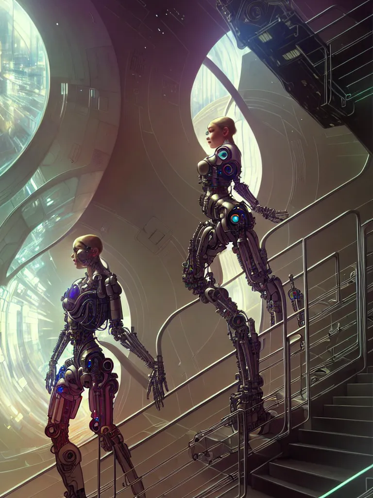 Image similar to ultra realistic, beautiful female cyborg walking down stairs, in a space metropolis, sci-fi, intricate details, eerie, highly detailed, octane render, 8k, art by artgerm and alphonse mucha and moebius