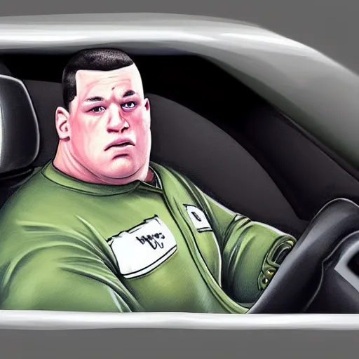 Image similar to really obese john cena driving a car. Ultra realistic digital art.