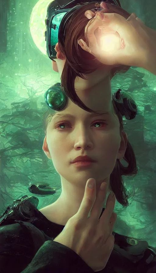 Image similar to epic masterpiece sweet dreams, virtual reality, cyberpunk, hyperrealistic, octane render, cinematic, night, moon, beautiful face and flawless skin, perfect hands, 5 fingers, emerald by Edgar Maxence and Ross Tran and Michael Whelan, Lorenzo Sperlonga Legends of Runeterra