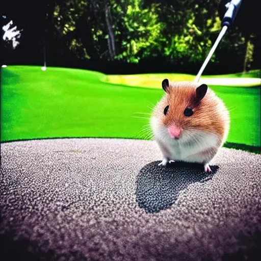 Prompt: “ hamster coming out of a golf hole as a man hits the golf ball ”