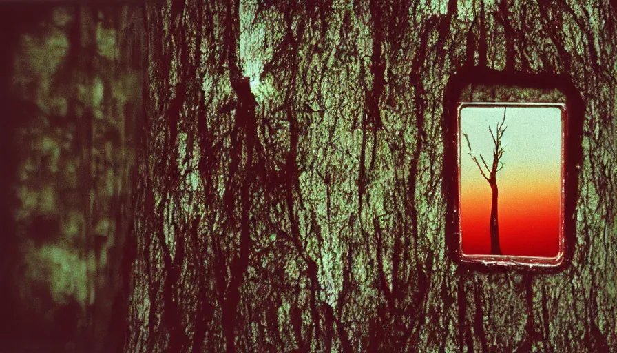 Image similar to 7 0 s film still from a horror movie about a tree and a fish, kodachrome, cinecolor, cinestill, film grain, film texture, retro, cinematic, high resolution, photorealism,