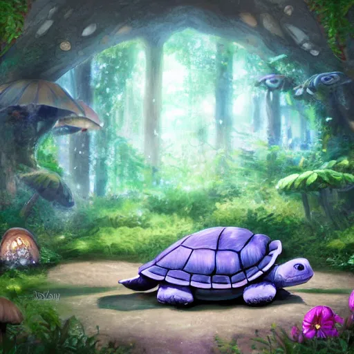 Prompt: an adorable sleepy turtle in its magical forest bedroom, lying in bed looking through a large window at a scenic forest brook surrounded by dense trees, flowers, mushrooms and wildlife, highly detailed, digital art painting, artstation, studio ghibli, gorgeous atmosphere, concept art -W 1024 -H 432 -n 3 -s 100