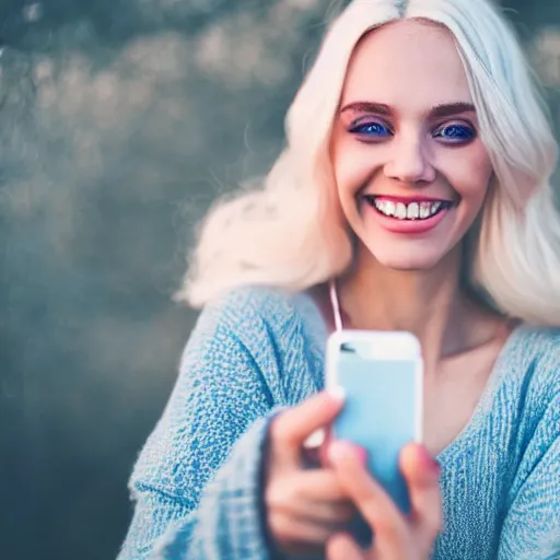 Image similar to beautiful selfie of a cute thin young woman smiling smugly, long light platinum blonde hair, flushed face, small heart - shaped face, cute freckles, light blue eyes, golden hour, 8 k, instagram