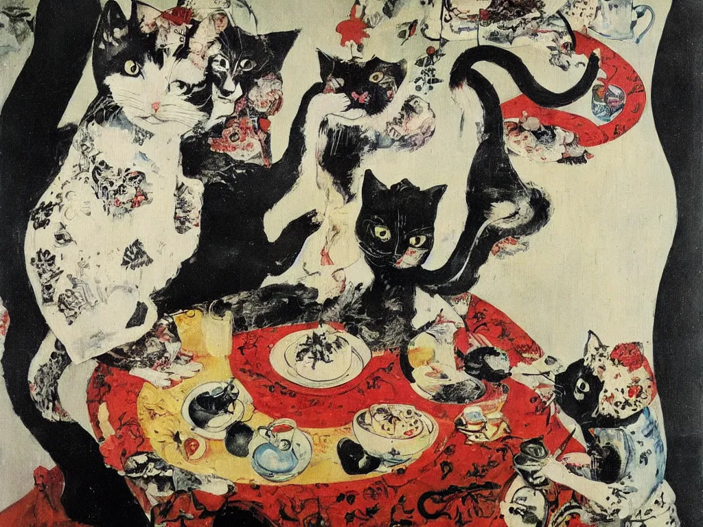 Image similar to cat breaking the china. Painting by Otto Dix