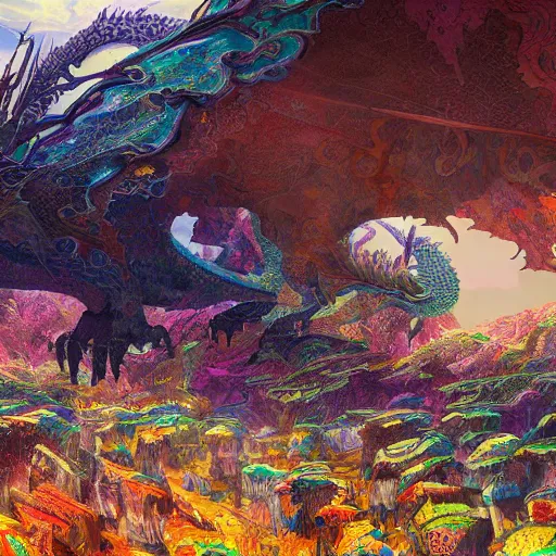 Prompt: concept art painting of a psychedelic dragon landscape made of thousands of dragons, realistic, detailed, cel shaded, in the style of makoto shinkai and greg rutkowski and james gurney