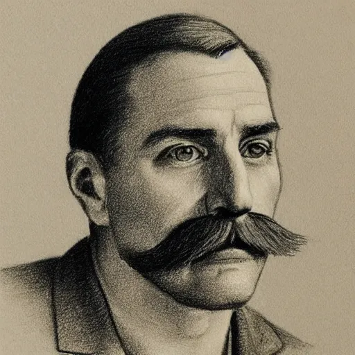 Image similar to A crosshatched portrait drawing of Jerma985 with a pyramidal mustache in the mid-late 1800s, cross haching, crosshatching, mid-late 1800s, grainy, realistic, hyperrealistic, very realistic, highly detailed, very detailed, extremely detailed, detailed, trending on artstation