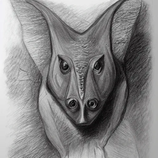 Image similar to hipposideros griffini but as a wildlife sketch. hipposideros griffini charcoal wildlife drawing, in habitat, by john banovish. detailed charcoal, intricate, scientific field study. charcoal on canvas. 5 8