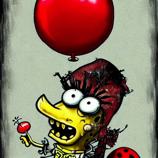 Image similar to grunge painting of spongebob with a wide smile and a red balloon by chris leib, loony toons style, pennywise style, corpse bride style, horror theme, detailed, elegant, intricate