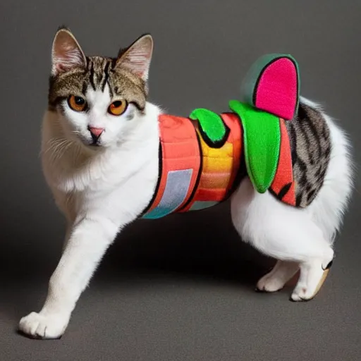 Image similar to a dog dressed like a cat