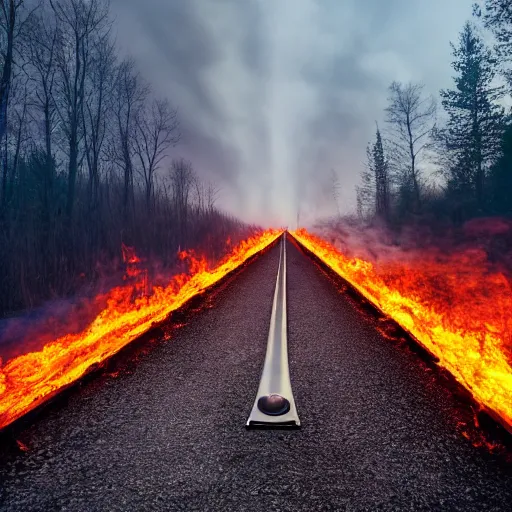 Image similar to Long bridge to hell, dslr, hyper realistic, photojournalism, scary, firey, disturbing