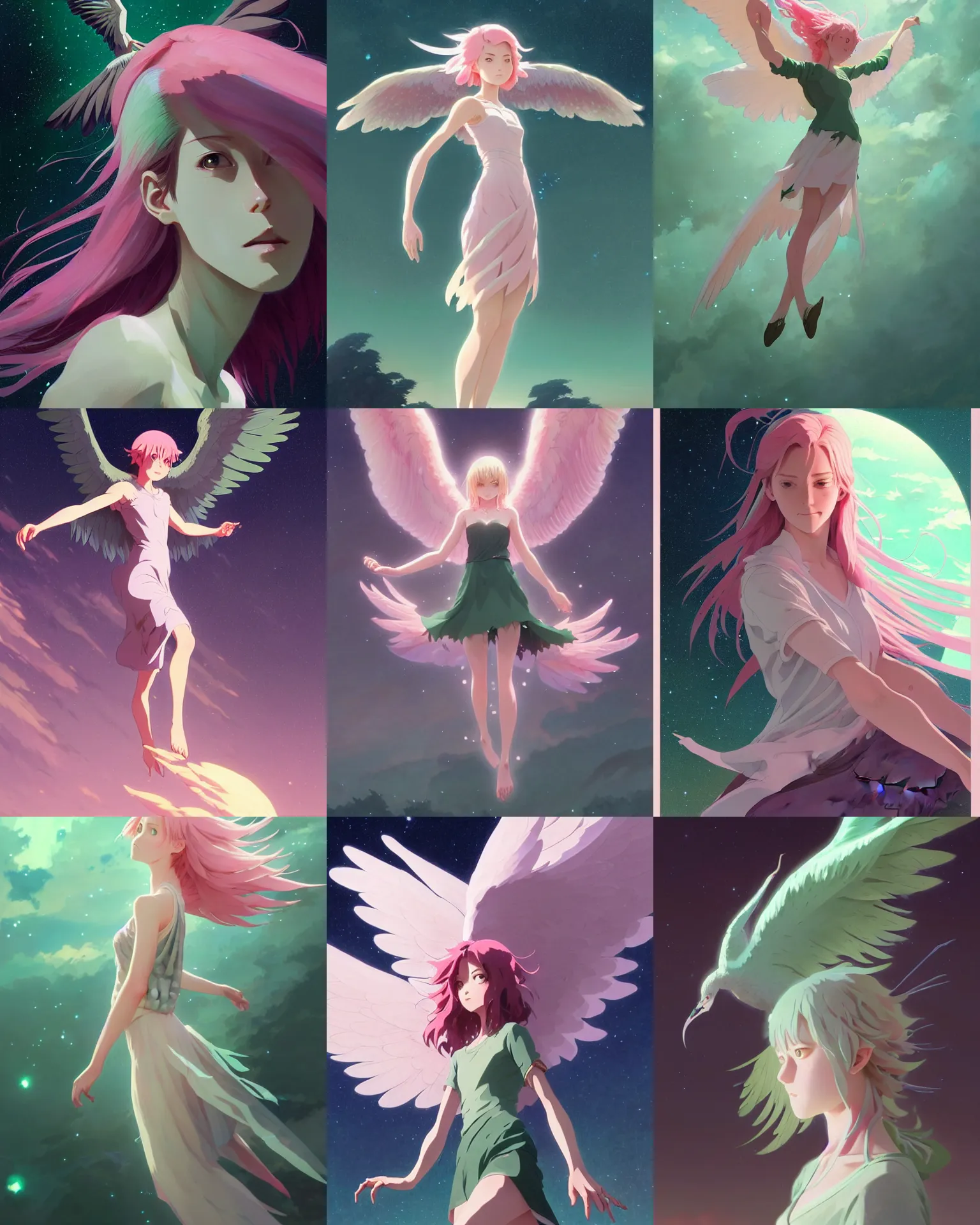 Prompt: young woman, medium length pink hair, outstretched harpy wings, detailed perfect face, exquisite details, green aura, mid view, design on a dark starry background, by studio muti, greg rutkowski makoto shinkai takashi takeuchi studio ghibli