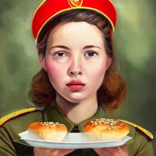 Image similar to high detail portrait oil painting illustration of beuatiful girl as soviet red army soldier eating hot baked bun, in khaki ww 2 tunic, no hat, by justin sweet with face and body clearly visible, in a scenic background, pupils visible, realistic proportions, artstation trending, high quality, sombre mood, artstation trending, muted colours, entire person visible!