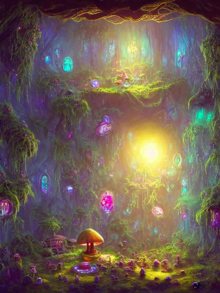 Prompt: the interior of a celestial dainty fairy cottage in a bioluminescent tree trunk decorated beautifully, lots of cyberpunk design elements like toadstool mushrooms and small robots, warm sunlight shining in, lots of plants and flowers, concept art 8 k resolution, fantasy illustration, sharp focus, detailed painting, deep color, volumetric lighting, crepuscular rays
