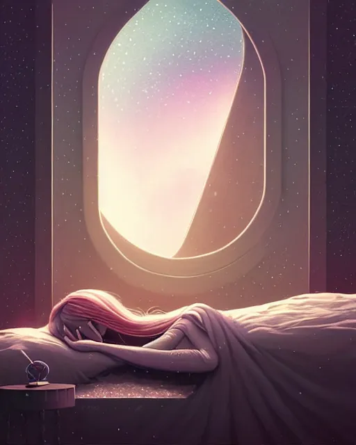 Image similar to beautiful painting of a elven sleeping on a bedroom, poster art by mor than, cgsociety, space art, sci - fi, cosmic horror, sense of awe, art by mike winkelmann, sky night, illustration, highly detailed, simple, smooth and clean vector curves, no jagged lines, vector art, smooth, artstation