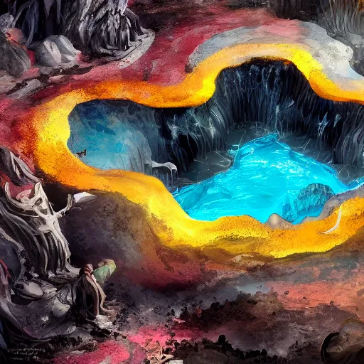 Image similar to a black dragon in the middle of a colorful geothermal hotspring in a cavern, featured on artstation