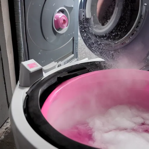 Image similar to photograph of pink clothes being washed in a washing machine. 8k resolution. hyperrealistic.