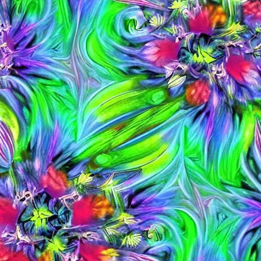 Prompt: Digital art. This illustration is a large canvas, covered in a wash of color. In the center is a cluster of flowers, their petals curling and twisting in on themselves. The effect is ethereal and dreamlike, and the overall effect is one of serenity and peace. cool by John James Audubon extemporaneous