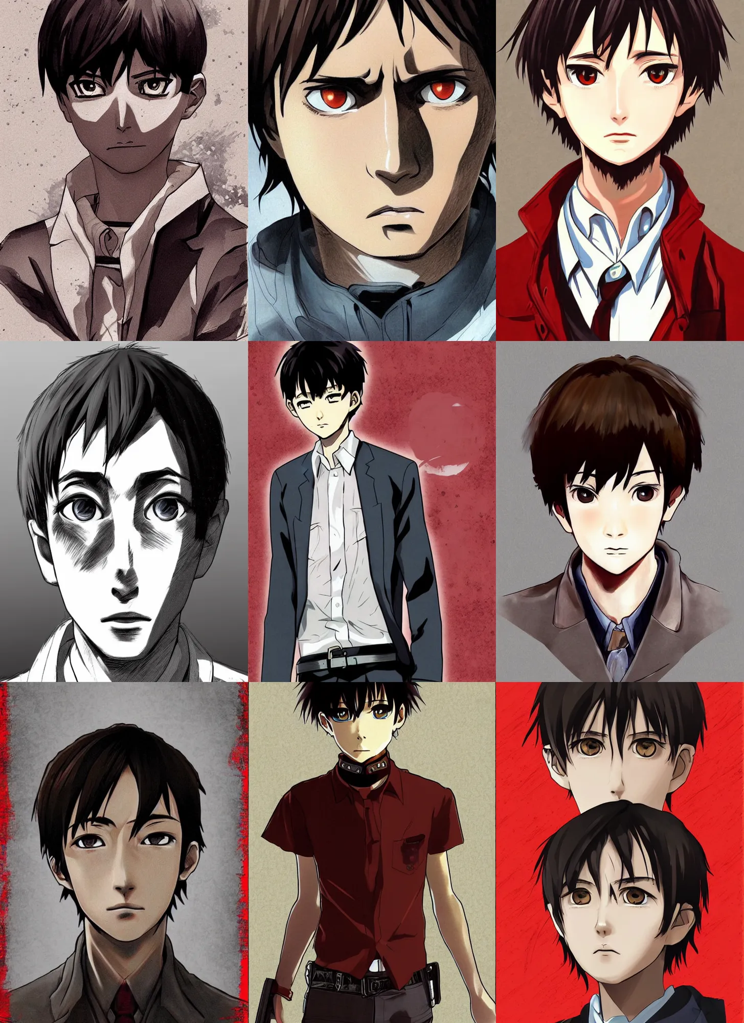 Prompt: shinji ikari, red dead redemption art style, semi realistic anime, portrait, beautiful face, symmetrical face