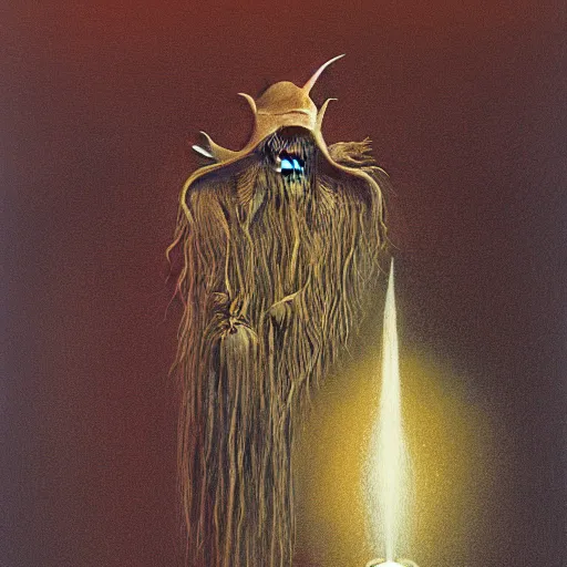 Prompt: Zdzisław Beksiński painting of a wizard