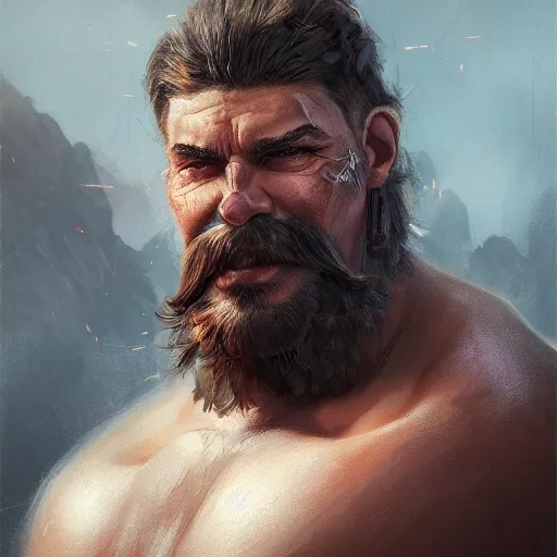 Image similar to portrait old barbarian warrior with big trucker mustache and short hair, 8 k, trending on art station, by tooth wu and greg rutkowski