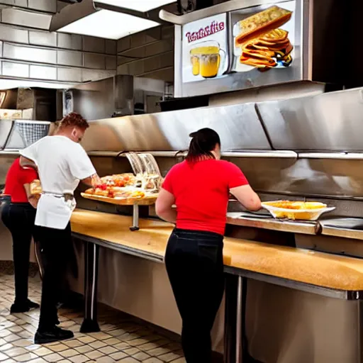 Image similar to busy wafflehouse interior with customers eating breakfast and wafflehouse employees serving food and cooking behind countertop